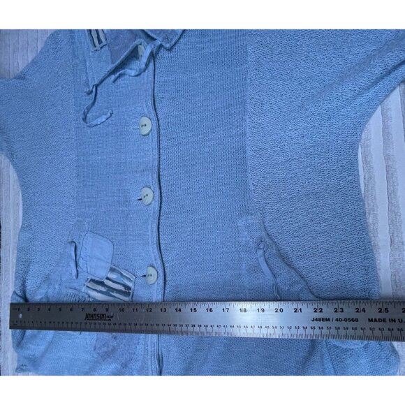 Jaskar Linen Blend Patchwork Button Front Knit Cardigan Sweater Pockets Blue - Picture 8 of 9